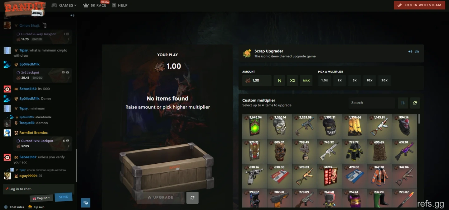 BanditCamp Scrap Upgrader screen on September 4, 2026