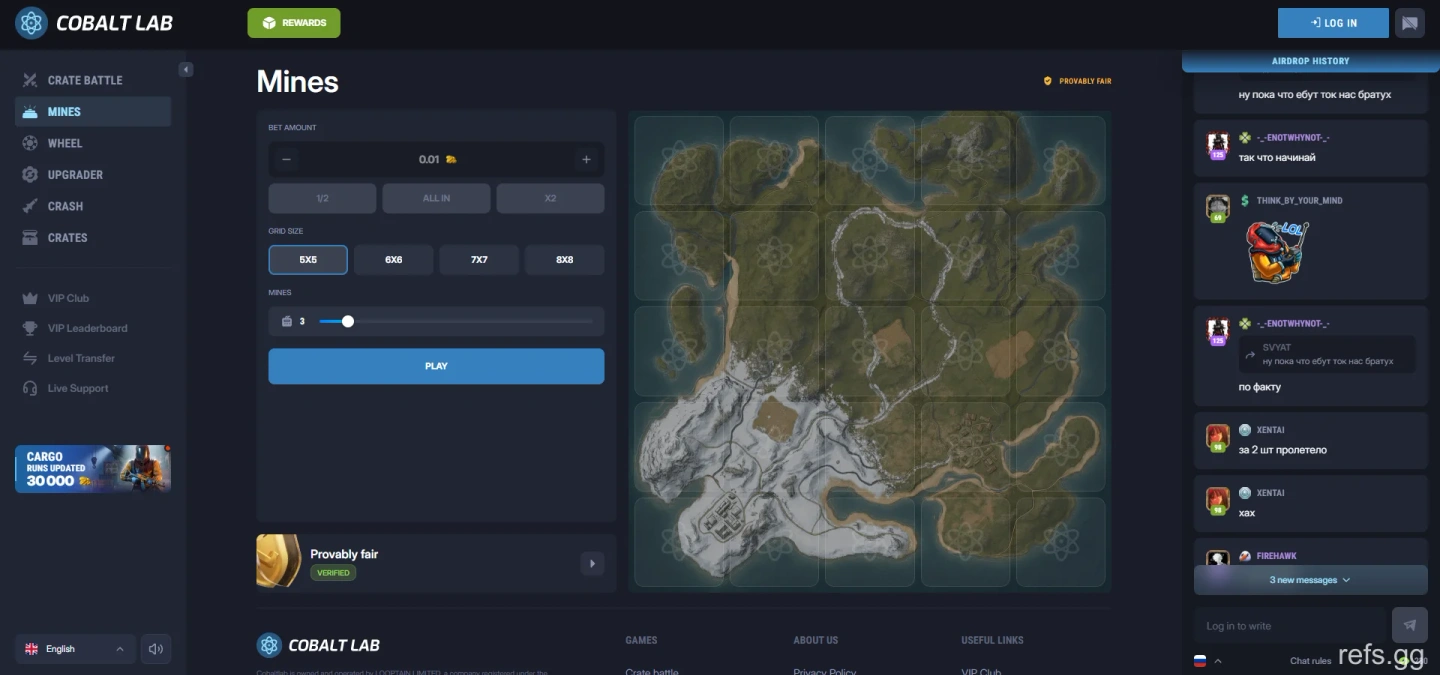 CobaltLab Mines screen on September 4, 2026