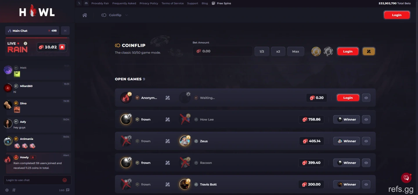 Howl Coinflip screen on September 4, 2026