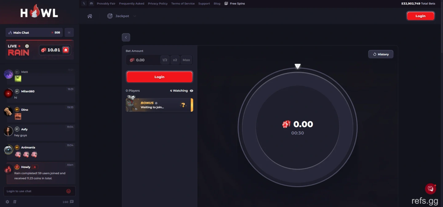 Howl Jackpot screen on September 4, 2026