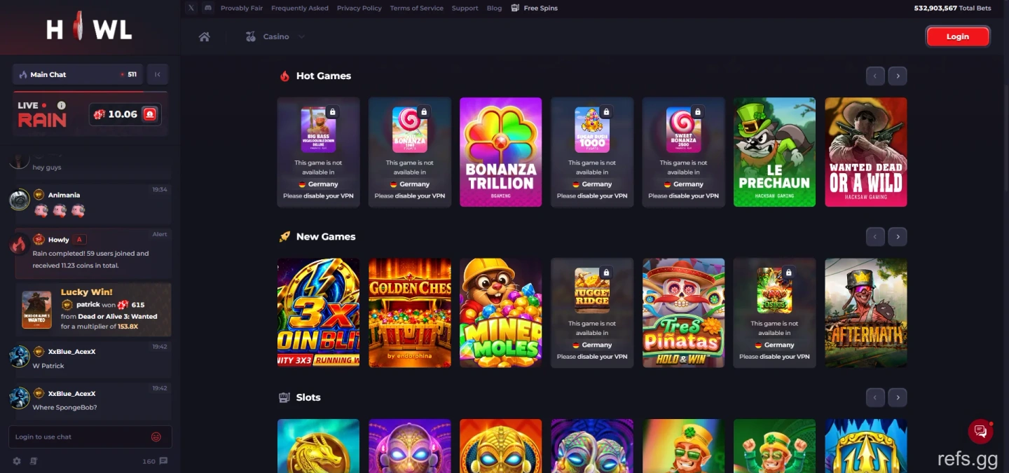 Howl Slots and Live Games screen on September 4, 2026