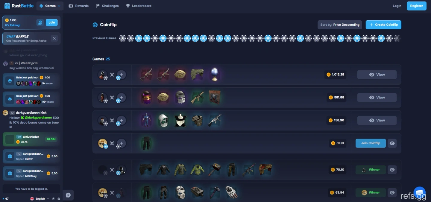 RustBattle Coinflip screen on September 4, 2026