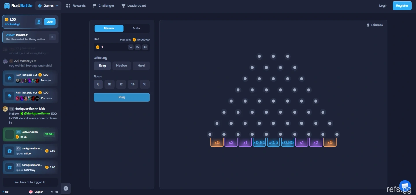 RustBattle Plinko screen on September 4, 2026