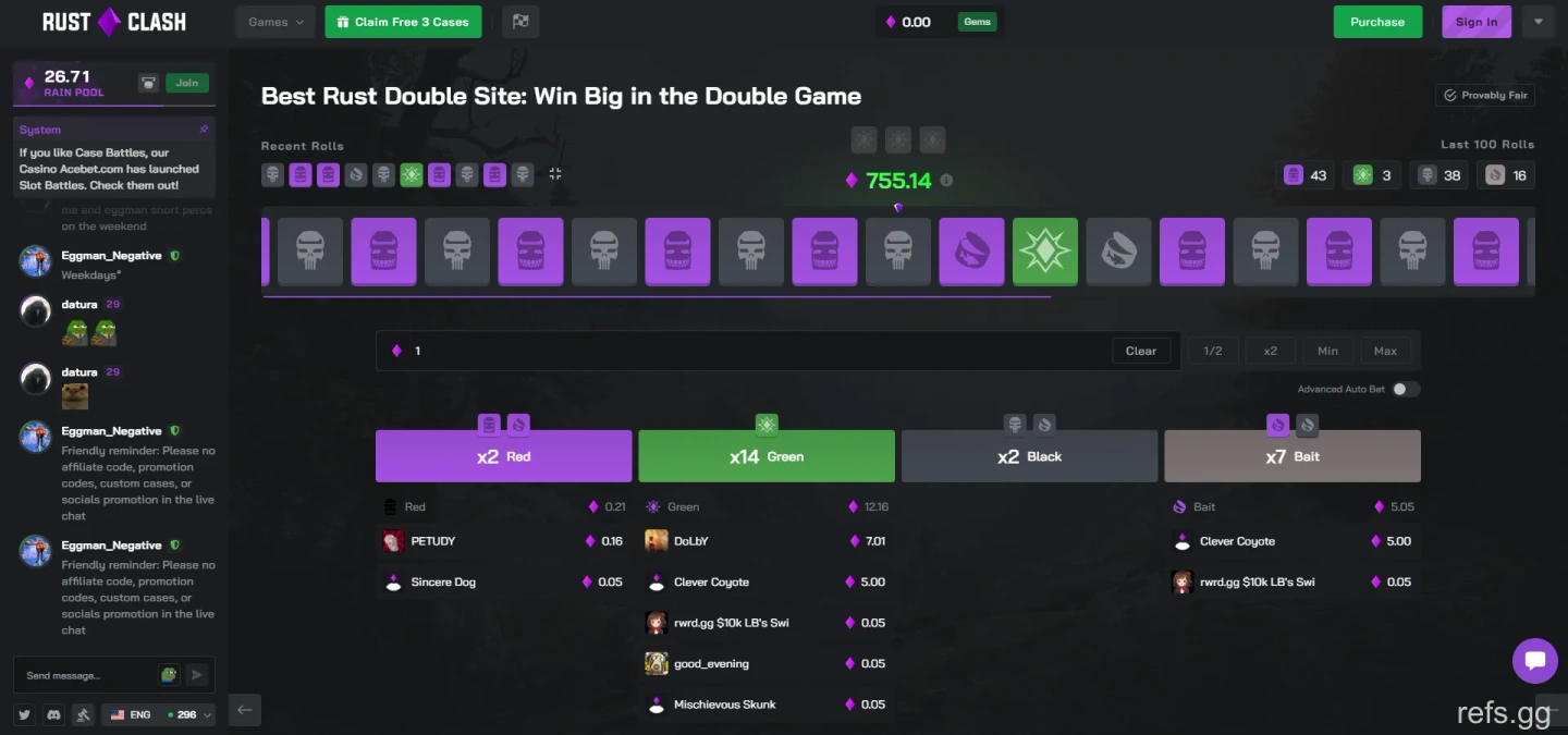 RustClash Double (Roulette) screen on September 4, 2026