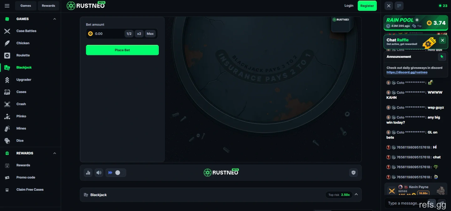 RustNeo Blackjack screen on September 4, 2026