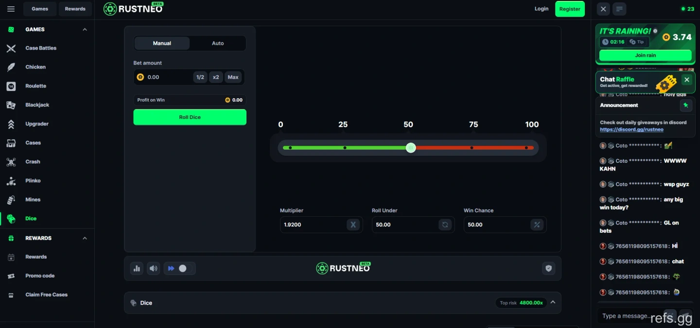 RustNeo Dice screen on September 4, 2026