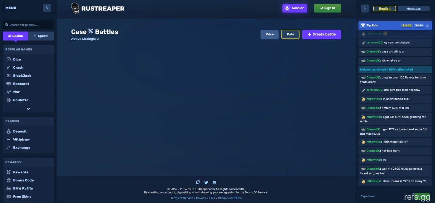 RustReaper Case Battles screen on September 4, 2026