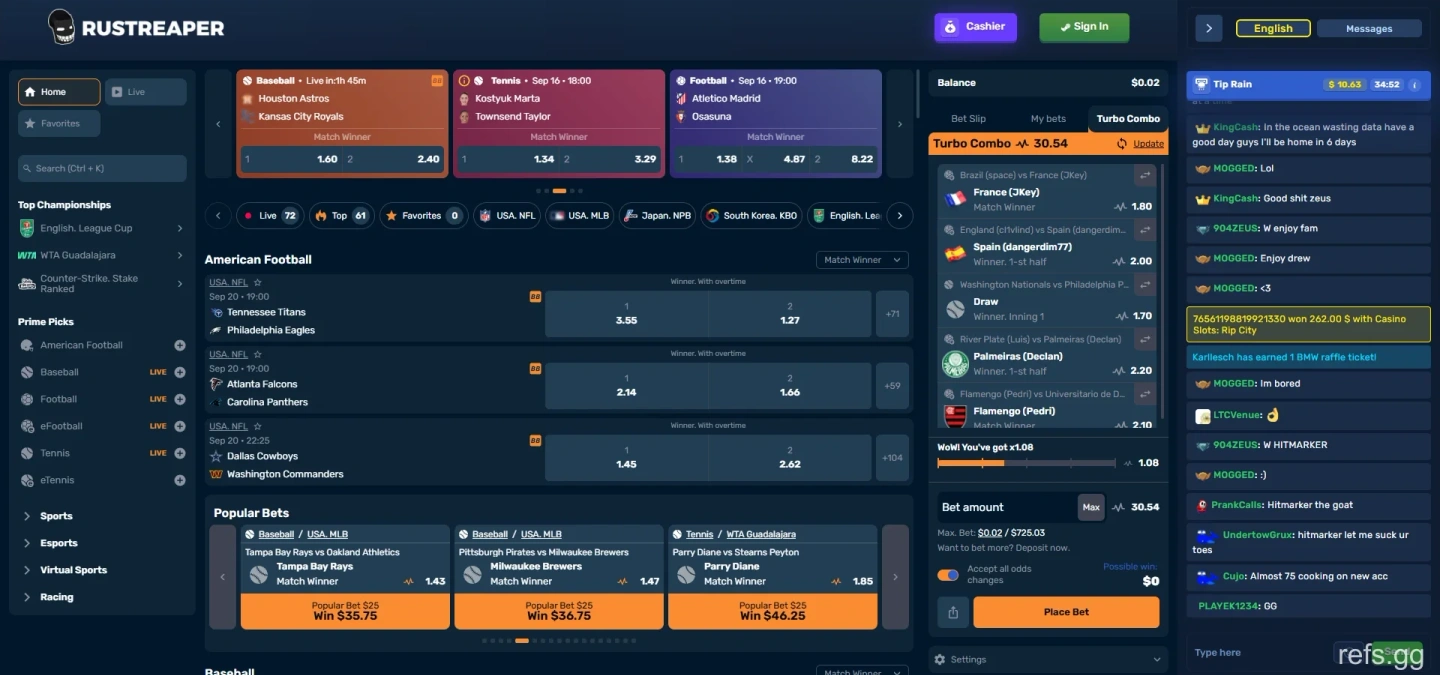 RustReaper Sports Betting screen on September 4, 2026