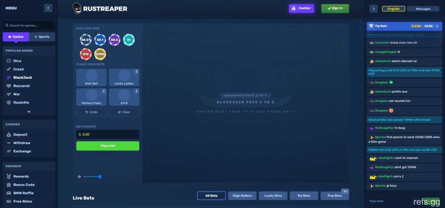RustReaper Blackjack screen on September 4, 2026