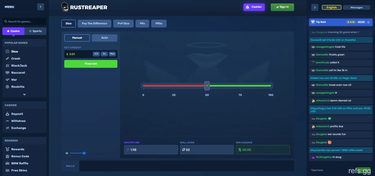 RustReaper Dice screen on September 4, 2026