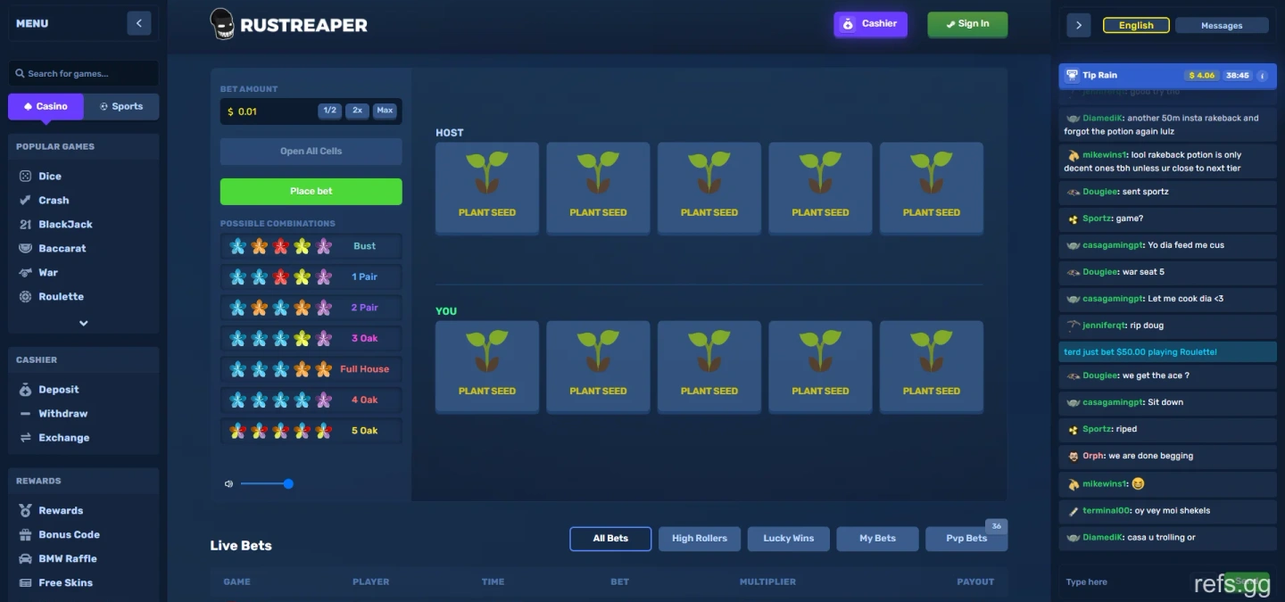 RustReaper Flower Poker screen on September 4, 2026