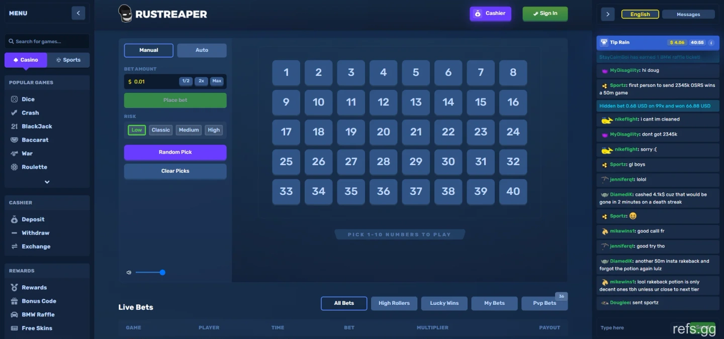 RustReaper Keno screen on September 4, 2026