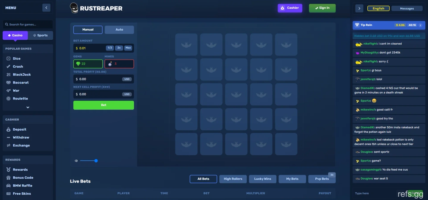 RustReaper Mines screen on September 4, 2026