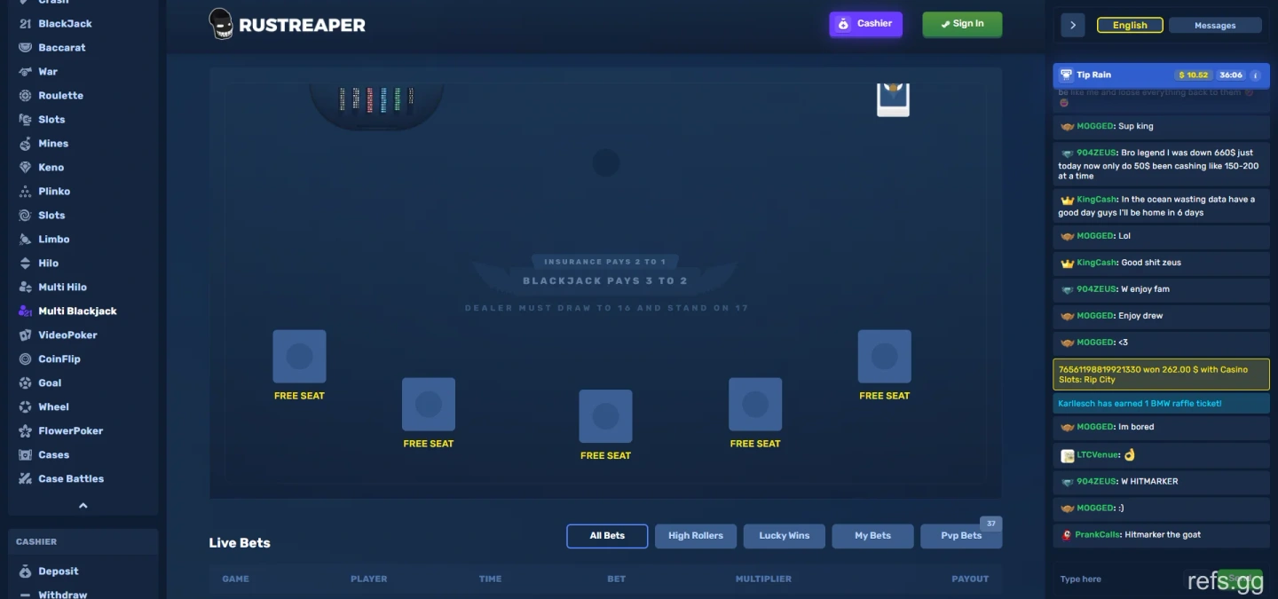 RustReaper Multiplayer Blackjack screen on September 4, 2026