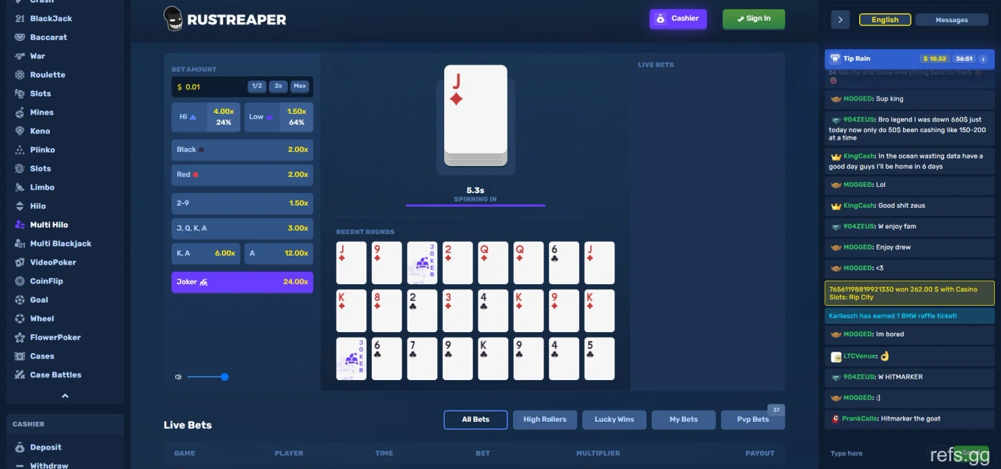 RustReaper Multiplayer HiLo screen on September 4, 2026