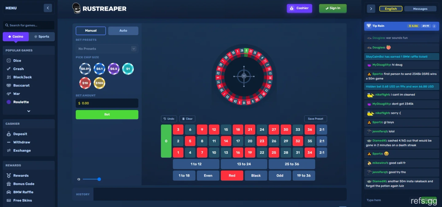 RustReaper Roulette screen on September 4, 2026