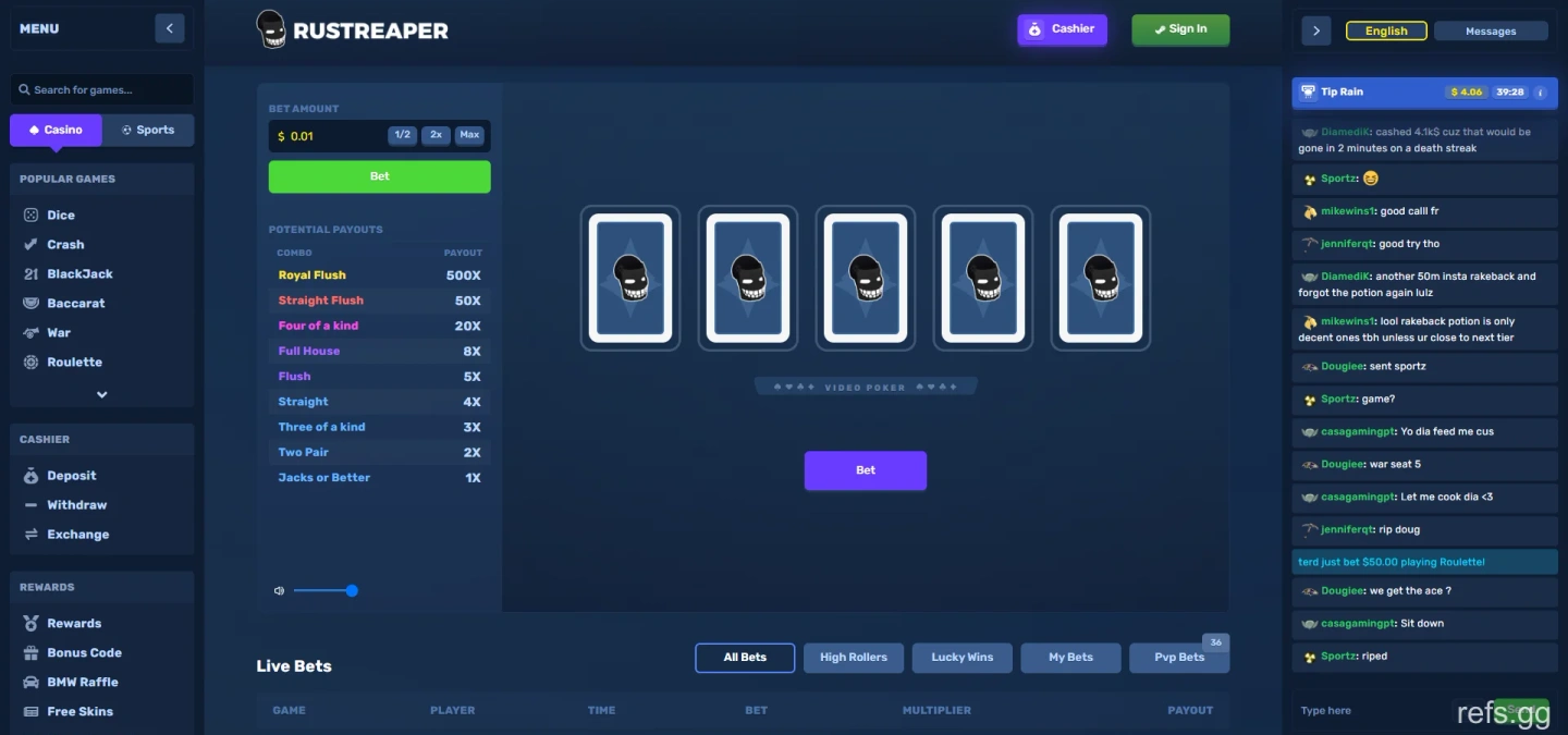 RustReaper Video Poker screen on September 4, 2026