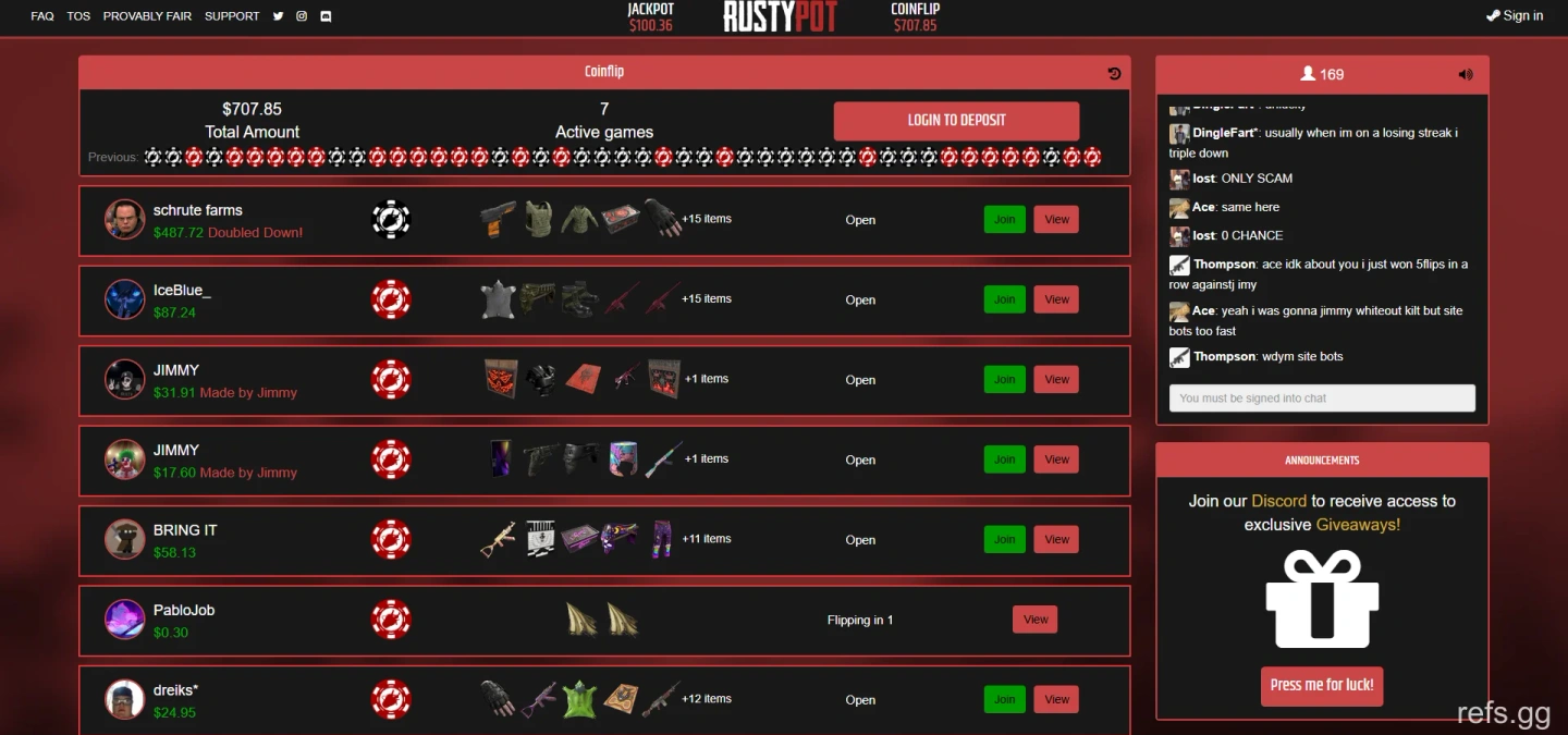 RustyPot Item Coinflip screen on September 4, 2026