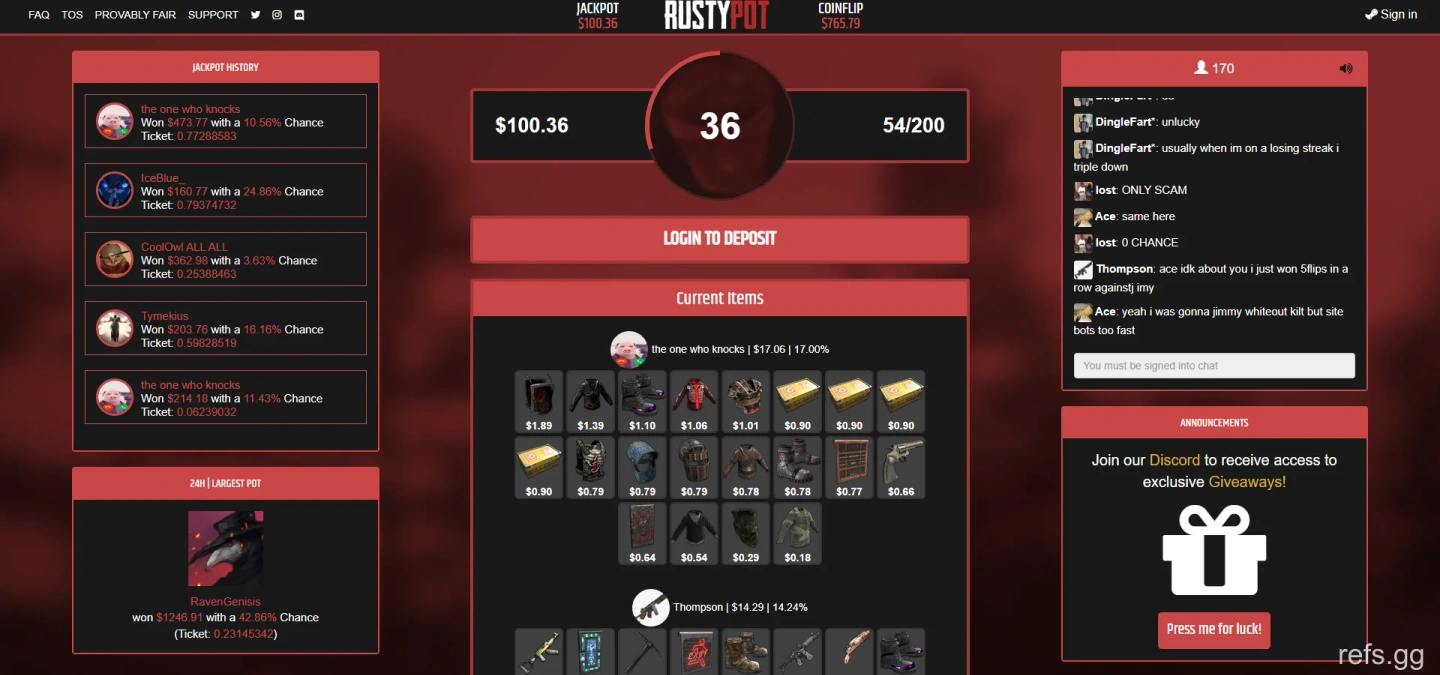 RustyPot Item Jackpot screen on September 4, 2026
