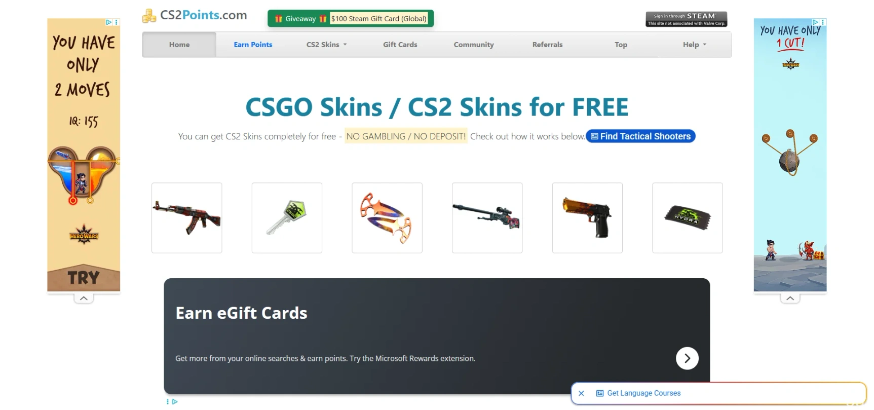 CS2Points homepage showing its skin and gift card reward site.