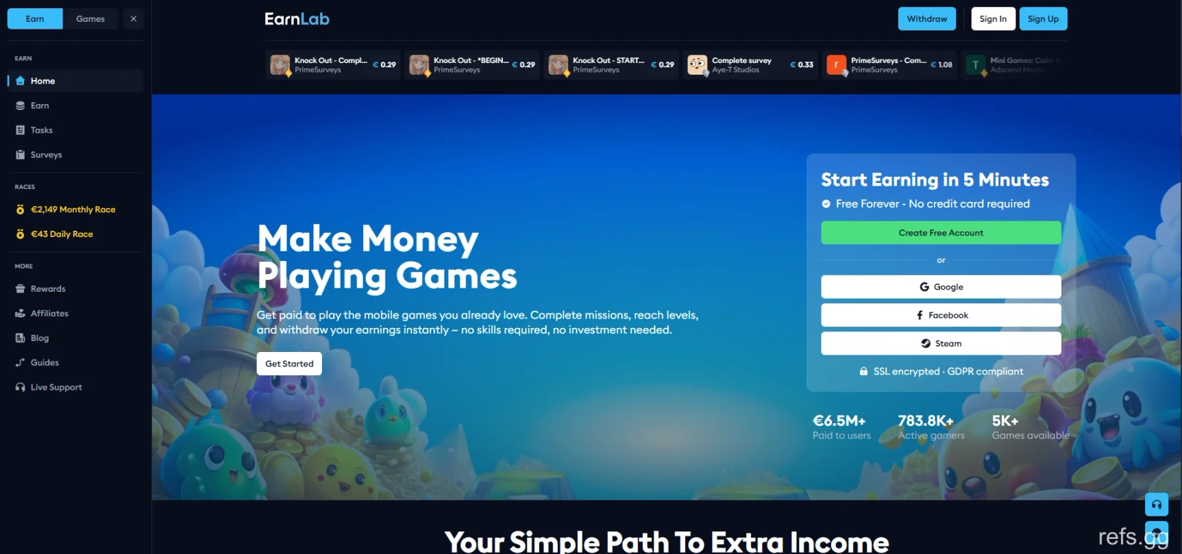 EarnLab homepage showing its offers and reward platform.
