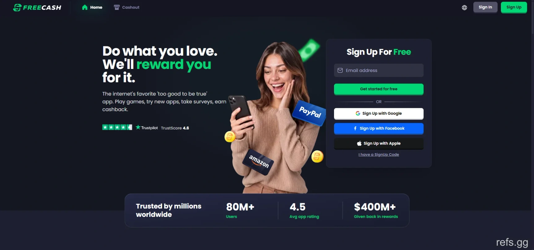 Freecash homepage showing the reward site.