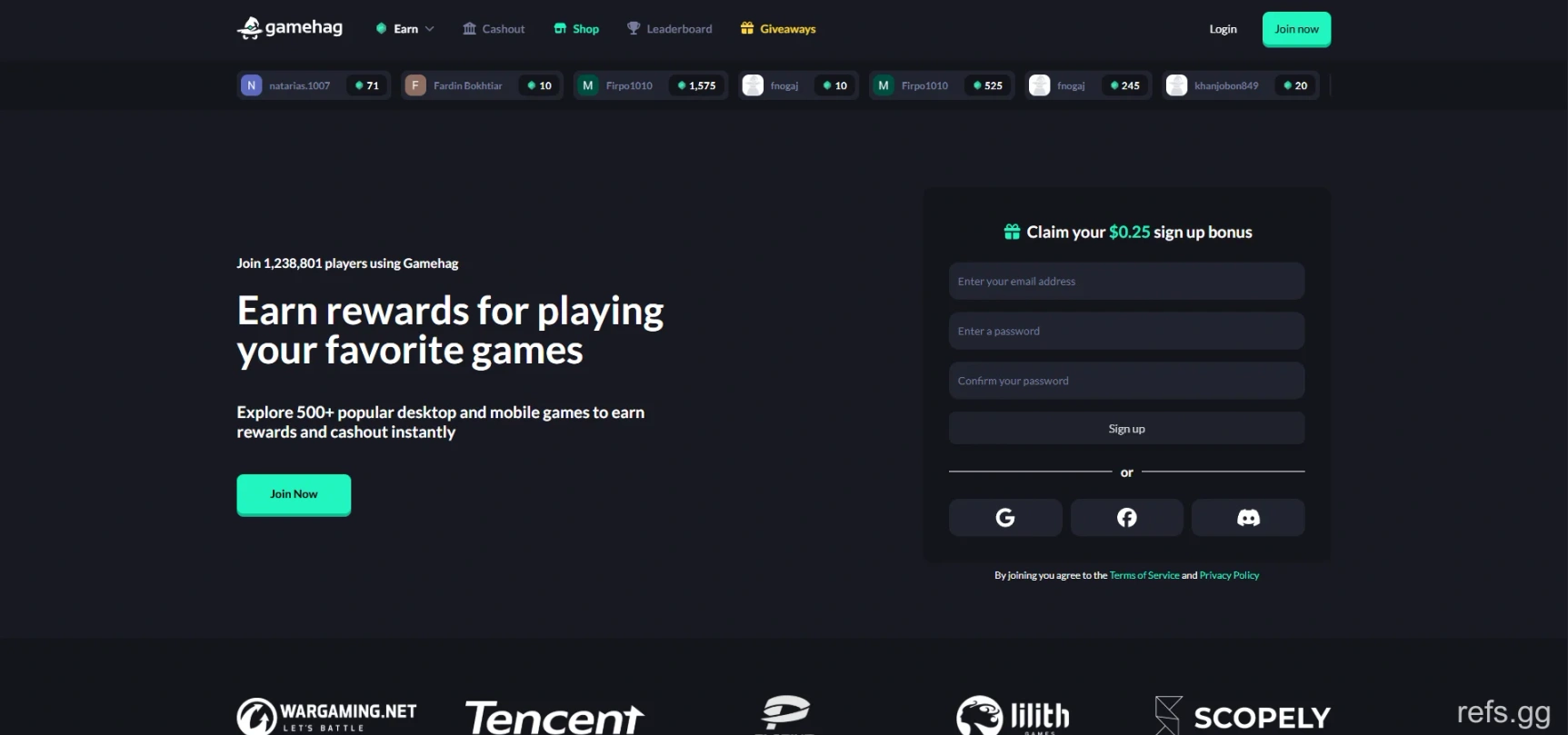 Gamehag homepage showing its game reward platform.
