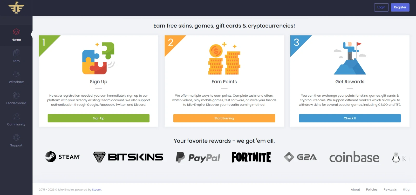 Idle-Empire homepage showing its reward site.