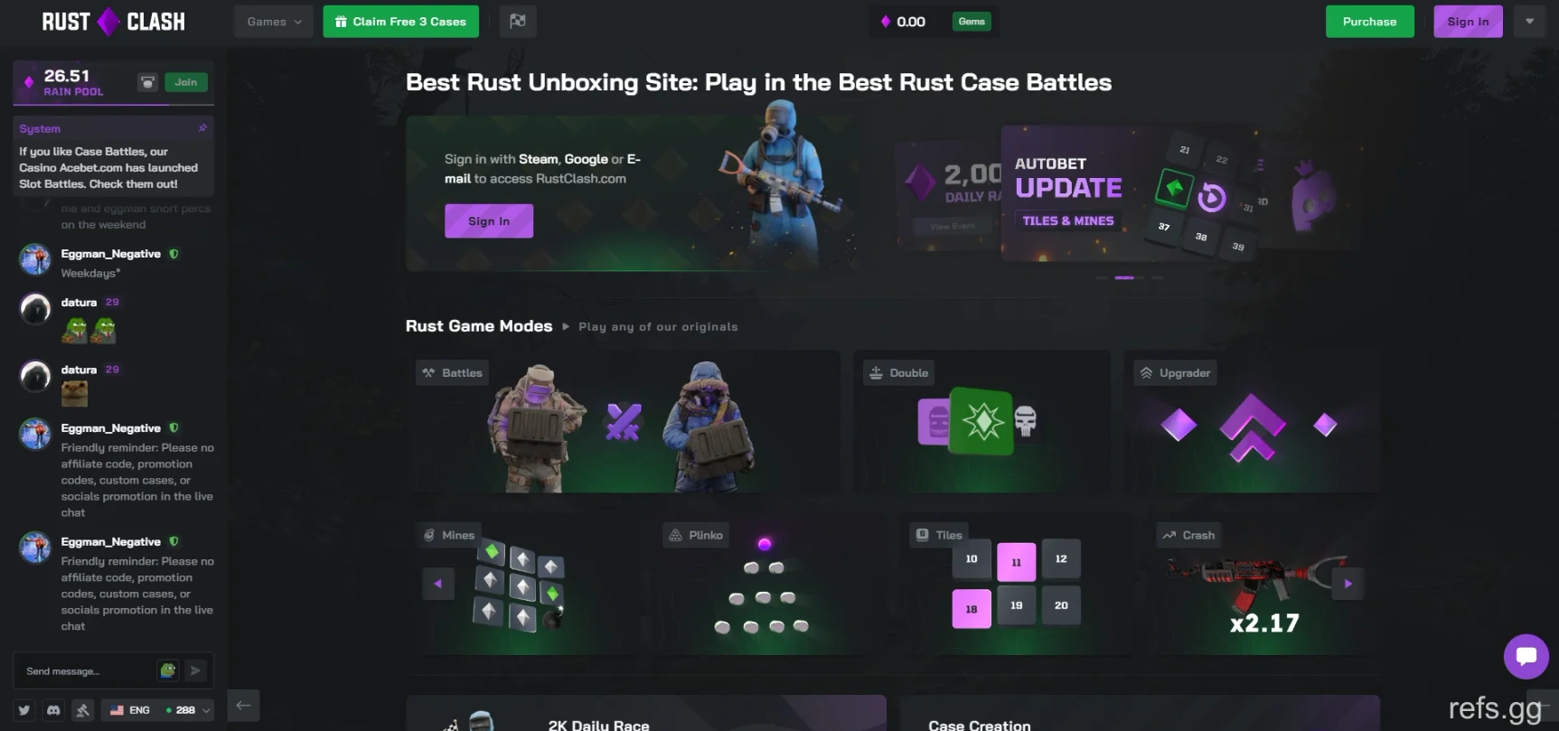 RustClash homepage on September 4, 2026.