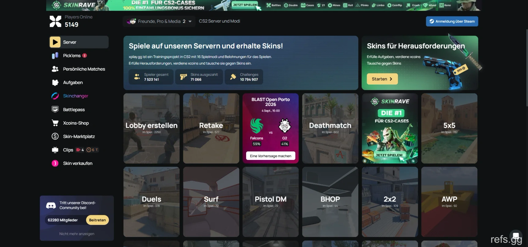 xplay.gg homepage showing its CS2 servers and platform.